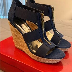 Guess Dark Blue Wedge Sandals with Gold Zipper
